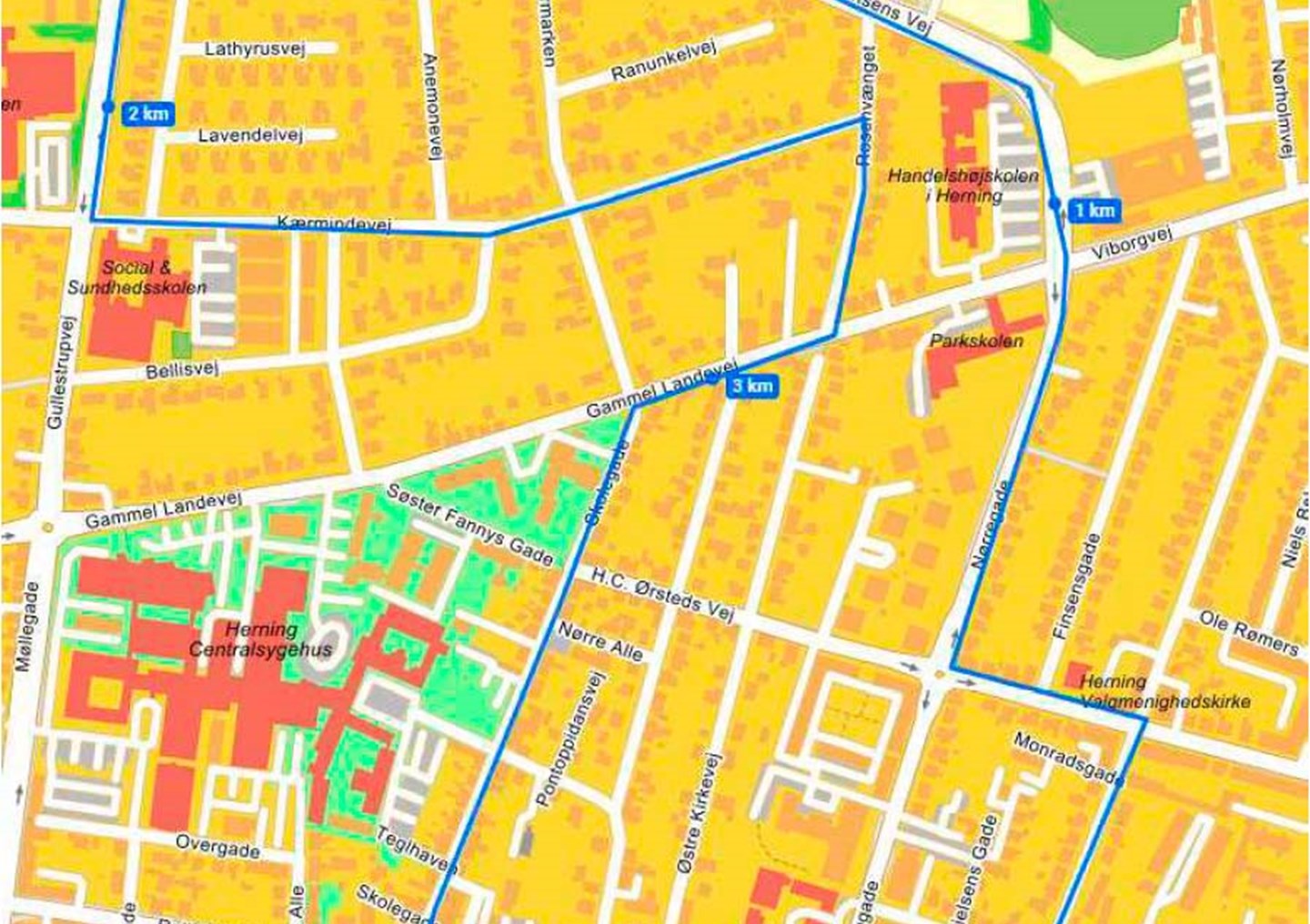 Kort viser udsnit af cykelruten, der går via Kousgårds Plads – Kampmansgade – Monradsgade – H. C. Ørstedsvej – Nørregade – H. P. Hansensvej – Gullestrupvej – Kærmindevej – Rosenvænget – Gl. Landevej – Skolegade – Nygade – Kousgårds Plads.
