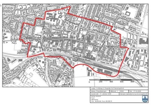 Kort A: Hvor der ikke er udarbejdet lokalplan finder parkeringsfonden anvendelse indenfor det på angivende område, der viser Herning bymidte.